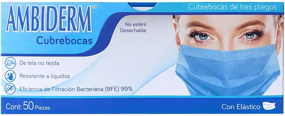CUBREBOCAS AMBIDERM DE 3 PLIEGOS C/ELÁSTICO AZUL CAJA C/50 PIEZAS
